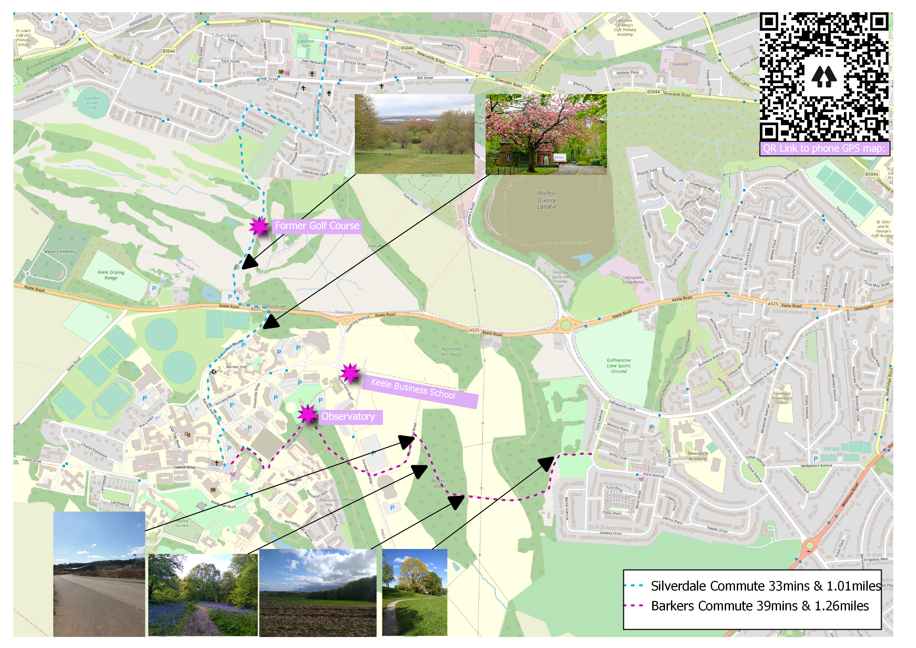 A map showing two local walking commutes to campus from westlands and silverdale 